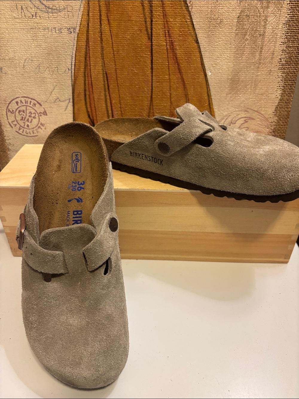 Birkenstock Women’s Boston Suede Clog in Taupe soft footbed